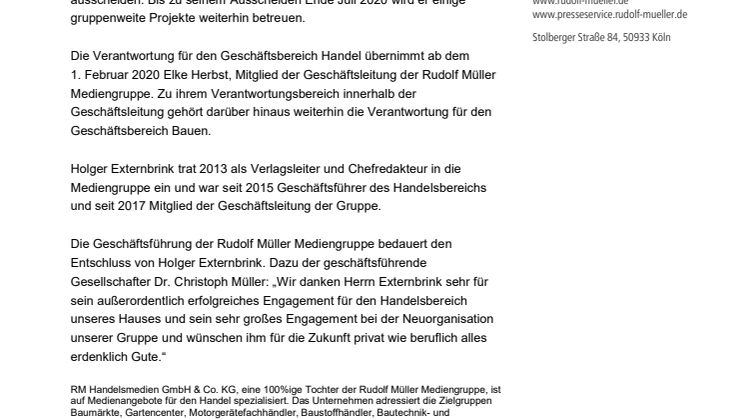 Wechsel in der Geschäftsbereichsleitung der Rudolf Müller Mediengruppe
