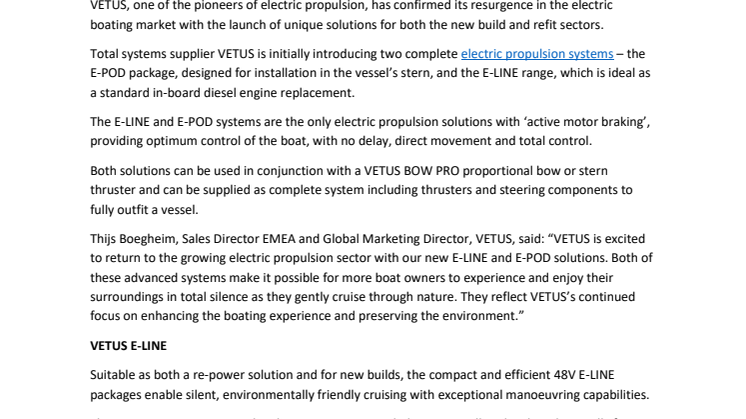 VETUS Returns to the Electric Market