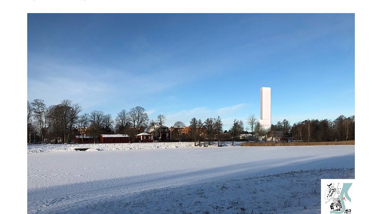 Bildmontage av vy över höghuset från Sandgrundsparken