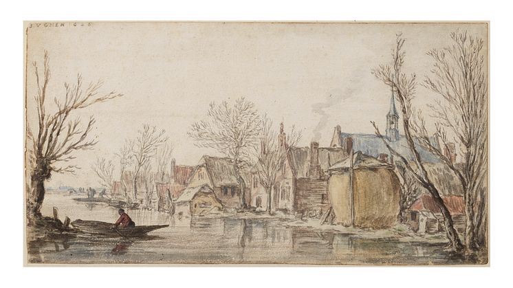 _Jan Josefsz Van Goyen (1596-1665) Paysage d'hiver, 1626 Aquarelle sur pierre noire Signée, datée en haut à gauche 11 x 22 cm Estimates_30,000 - 50,000