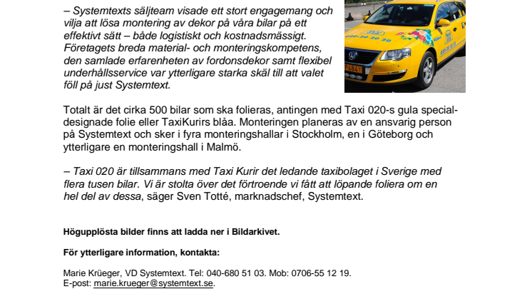 Taxi 020 och Taxi Kurir valde Systemtext för foliering av bilar