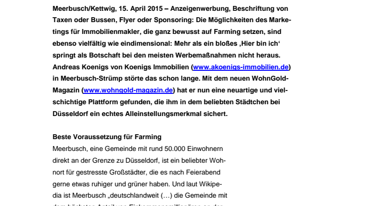 Meerbuscher Immobilienmakler geht neuen Weg mit dem WohnGold-Magazin