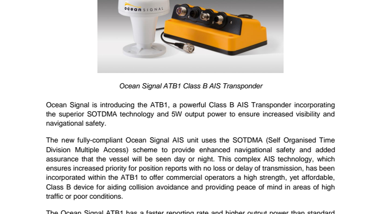 Ocean Signal Introduces ATB1 Class B AIS Transponder