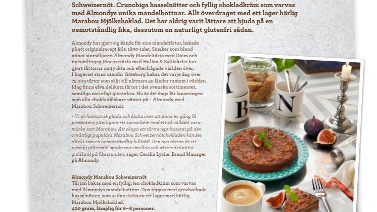 Almondy lanserar älskad chokladklassiker till fikastunden - Mandeltårta med Marabou Schweizernöt