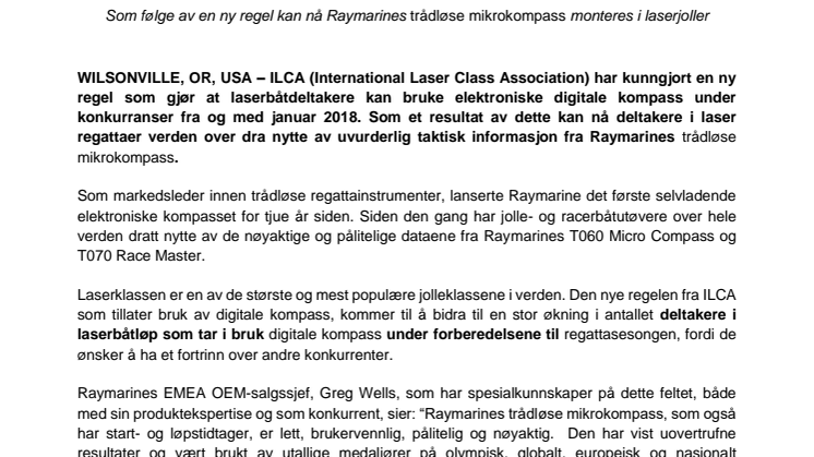 Raymarine: Deltakere i laser regattaer drar nytte av Raymarines mikrokompass