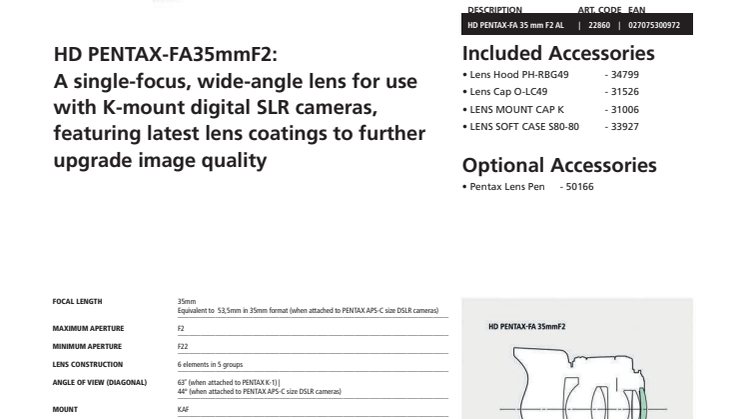 Pentax HD FA 35 mm/f2,0, spec sheet