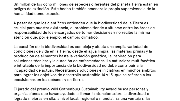 Tema para el premio WIN WIN Award 2020: Biodiversidad