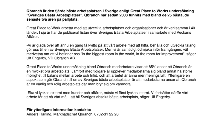 QBRANCH - EN AV SVERIGES BÄSTA ARBETSPLATSER