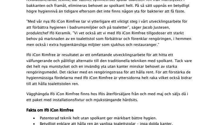 Helt utan spolkant ger nya toalettstolen Ifö iCon Rimfree bättre hygien och enklare rengöring