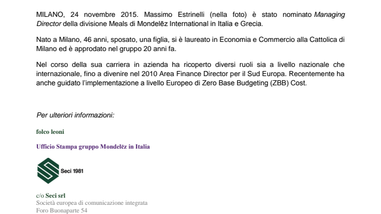 Massimo Estrinelli alla guida della divisione Meals del gruppo Mondelēz International in Italia e Grecia