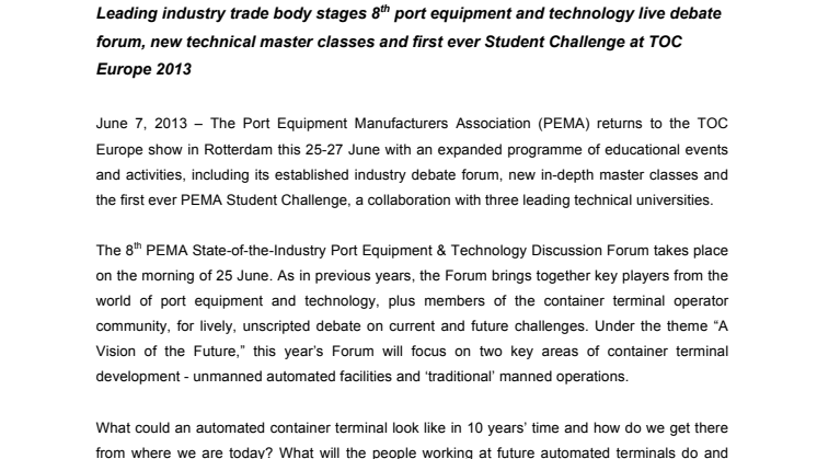 Port Equipment Manufacturers Association returns to TOC Europe with expanded programme of educational events