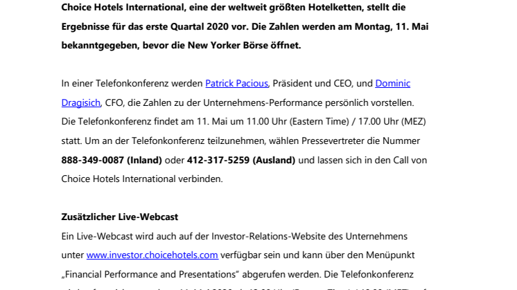 Choice Hotels International veröffentlicht Zahlen für das  1. Quartal 2020 