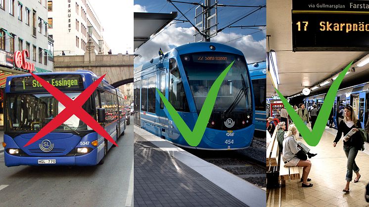 Välj Tvärbanan och tunnelbanan istället för buss den 2 juni. Foto: Jan E Svensson, Erja Lempinen, Jan Danielsson