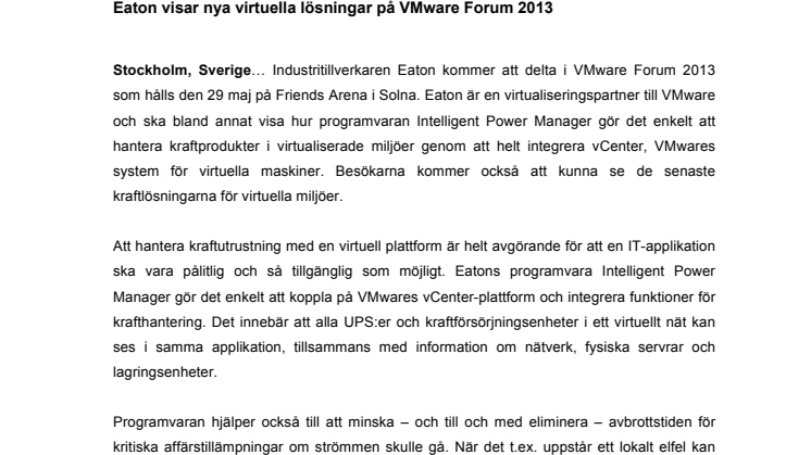 Eaton visar nya virtuella lösningar på VMware Forum 2013