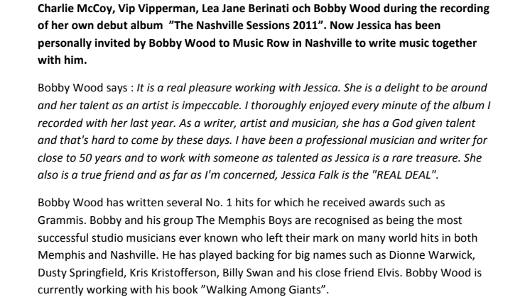 Music histories biggest legends and musicians invite Swedish Jessica Falk to USA to record a new album 