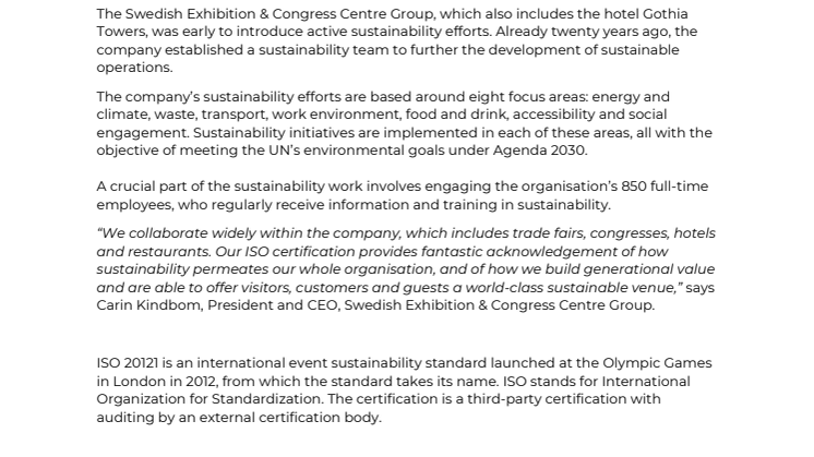 Swedish Exhibition & Congress Centre Group gets international ISO 20121 for fifth consecutive year