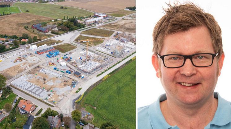 Översiktsbild över byggplatsen i Stångby, till höger Jon Svärd projektledare på Kraftringen