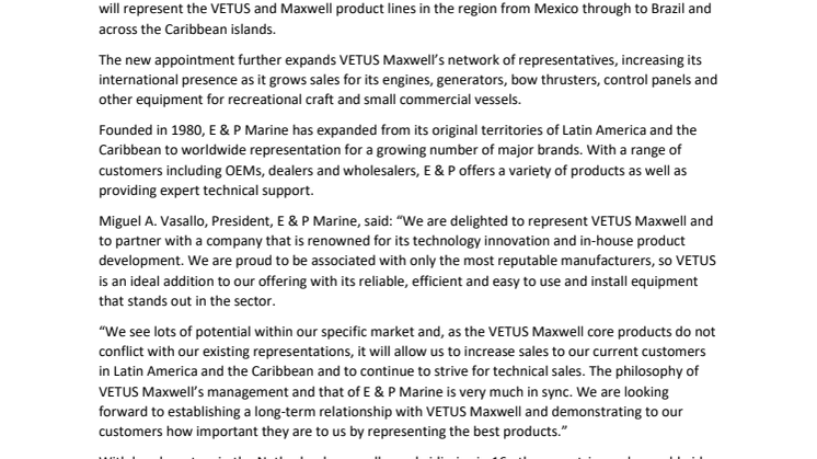 VETUS Maxwell Strengthens Presence in South America and the Caribbean with Appointment of E & P Marine