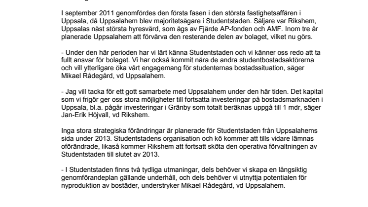 Uppsalahem blir ensam ägare till Studentstaden