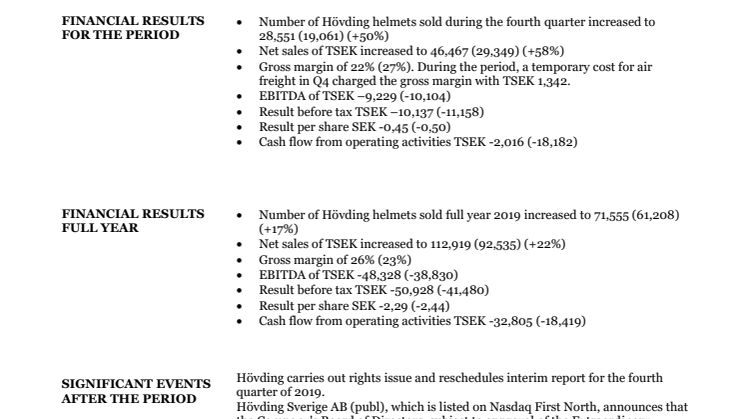 Quarter four - Hövdings largest turnover quarter to date