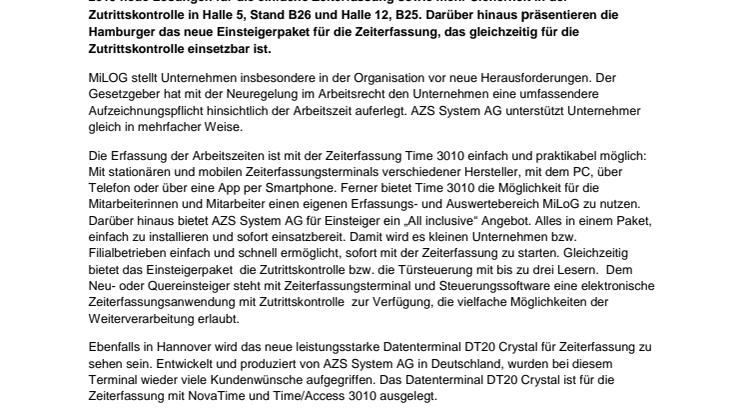 MiLoG und mobile Zeiterfassung: AZS System AG präsentiert neue Lösungen auf der CeBIT 2015