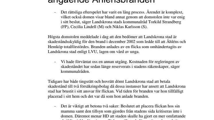 Landskrona stad om HDs beslut angående Åhlénsbranden