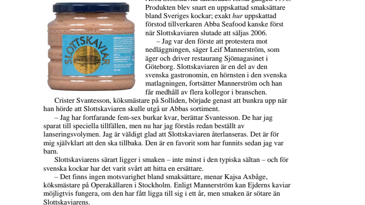 Artikel: Stjärnkockar välkomnar relanseringen av Slottskaviar