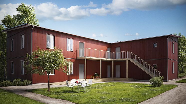 Illustration av entrésida med gemensam uteplats. Huset på bilden är inte det som ska byggas i BoKlok Droskan men är av samma hustyp. Avvikelser kan därför förekomma. 