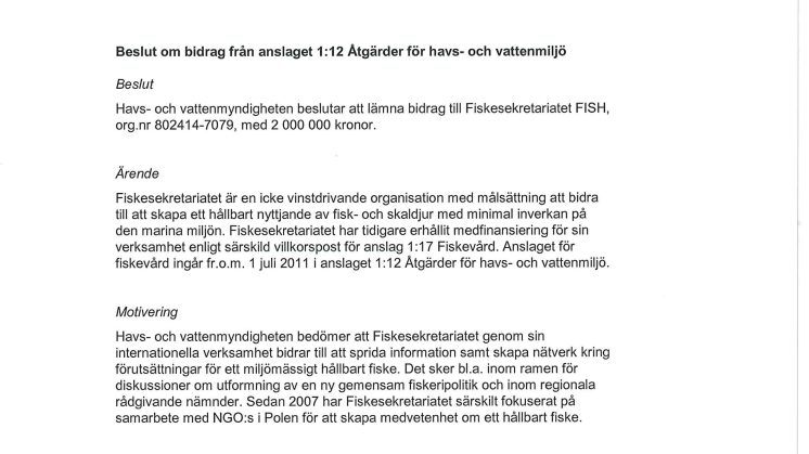 Beslut bidrag till Fiskesekretariatet, FISH