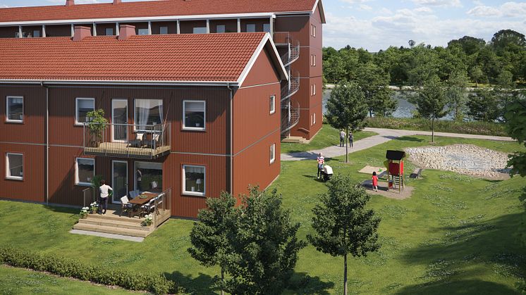 Illustration av de nya husen i BoKlok Älven, vid Ljungans strand i Kvissleby, Sundsvall. 