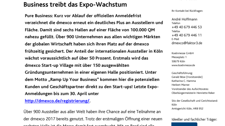 dmexco 2017 praktisch ausgebucht: Pure Business treibt das Expo-Wachstum