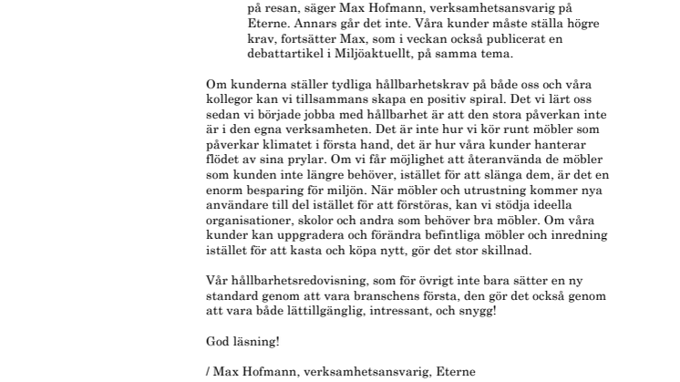 Eterne lanserar flyttbranschens första hållbarhetsredovisning