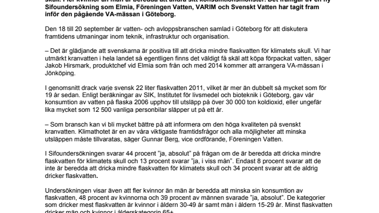 Ny Sifoundersökning: 9 av 10 svenskar är beredda att dricka mindre flaskvatten för klimatets skull