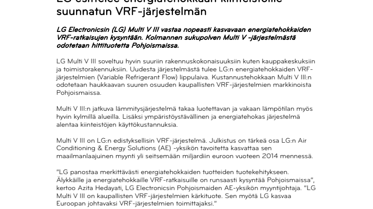 LG esittelee energiatehokkaan kiinteistöille suunnatun VRF-järjestelmän 