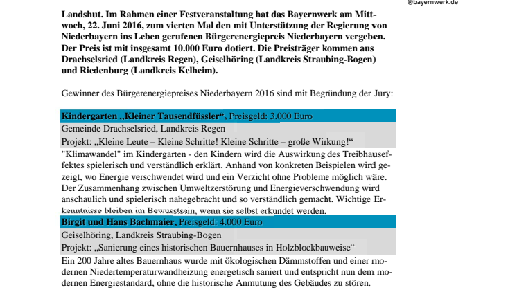 Bürgerenergiepreis Niederbayern 2016 verliehen