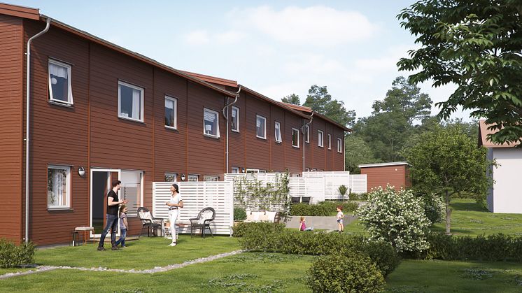 Illustration av baksida med uteplats och trädgård, BoKlok Paradisängarna. 