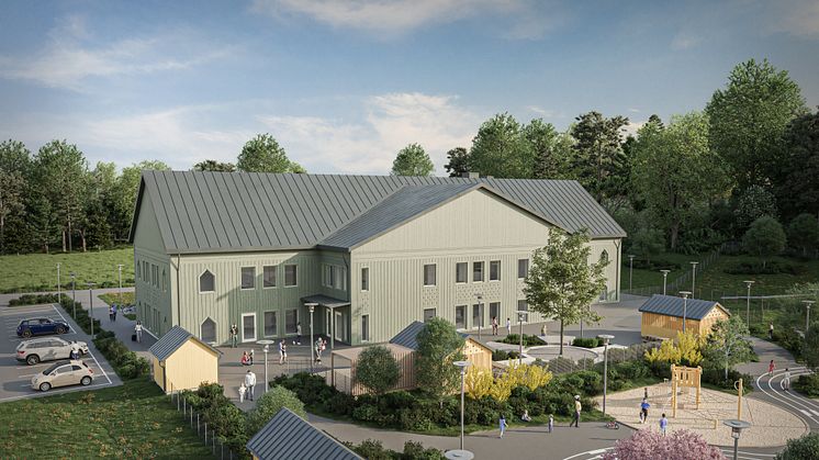 Nu pågår bygget av Forshälla-Strands förskola. Förskolan kommer att ha plats för upp till 160 barn, bli certifierad enligt Svanen och ha solceller på taket.Illustration: Tyréns AB. 