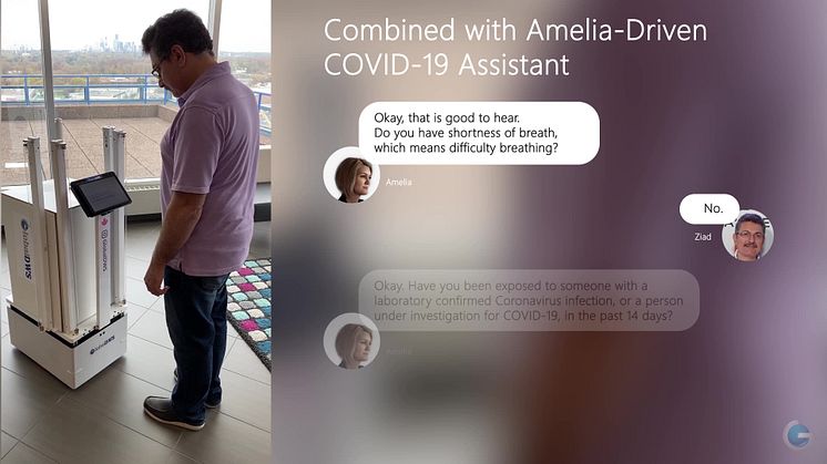 Disinfection Service Robot combining GlobalDWS’ robot platform with IPsoft's Amelia-driven COVID-19 Assistant
