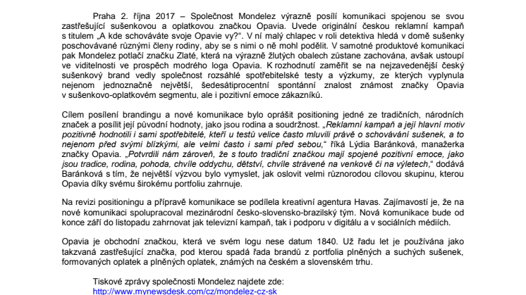 Mondelez posílí komunikaci značky Opavia