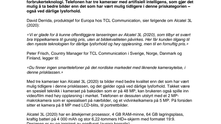 Alcatel 3L (2020): Prisgunstig smarttelefon med  48 MP-kamera til alle lysforhold