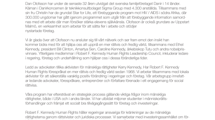 Dan Olofsson blir en del av Leadership Council of Robert F. Kennedy Human Rights