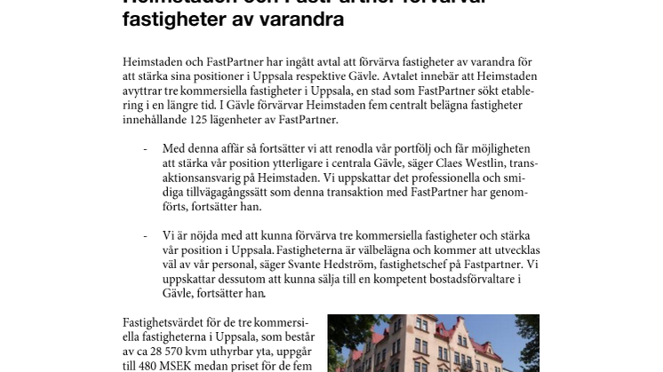 Heimstaden och FastPartner förvärvar fastigheter av varandra