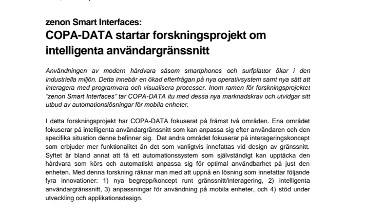 zenon Smart Interfaces: COPA-DATA startar forskningsprojekt om intelligenta användargränssnitt