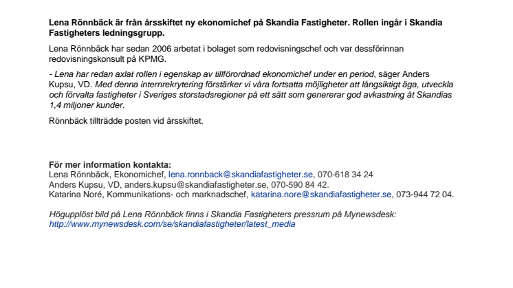 Lena Rönnbäck ny ekonomichef på Skandia Fastigheter 