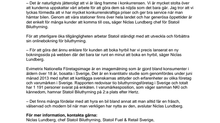 Statoil Biluthyrning har Sveriges nöjdaste kunder