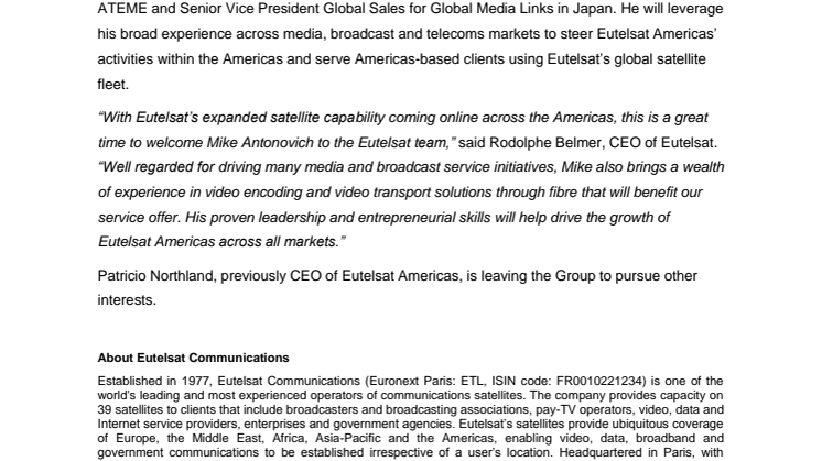Mike Antonovich appointed CEO of Eutelsat Americas