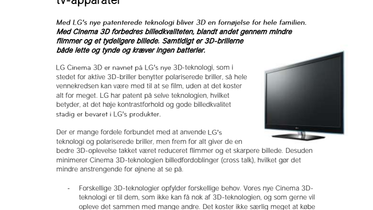 3D til alle: unik Cinema 3D-teknologi i LG’s nye tv-apparater