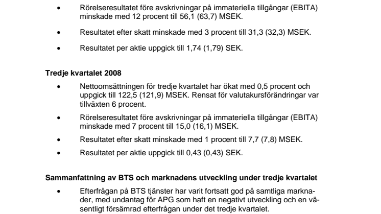 BTS Group AB (publ) Delårsrapport för tredje kvartalet 2008