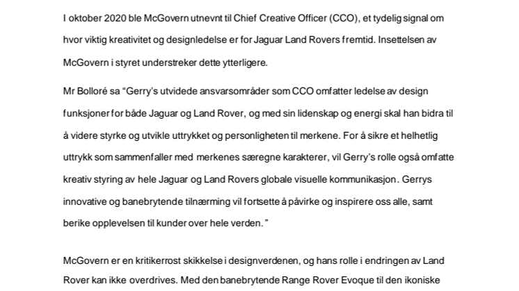 Professor Gerry McGovern OBE valgt inn i Jaguar Land Rover styret