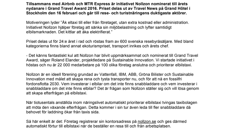 Nollzon nominerat till årets nydanare i Grand Travel Award